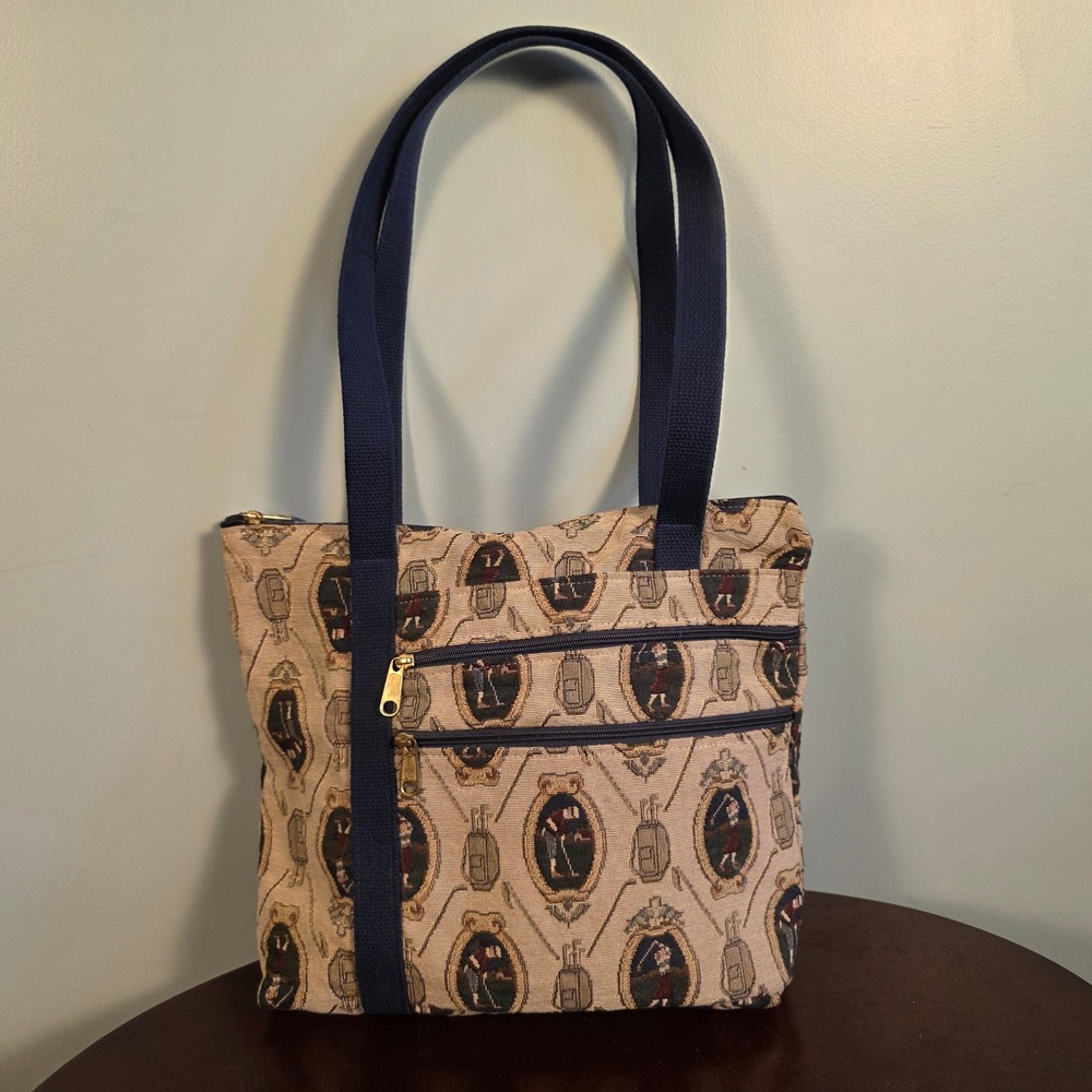 Designs by Dee Dee Vintage Golf Tapestry Tote Bag Navy Blue Cream Zipper Pockets